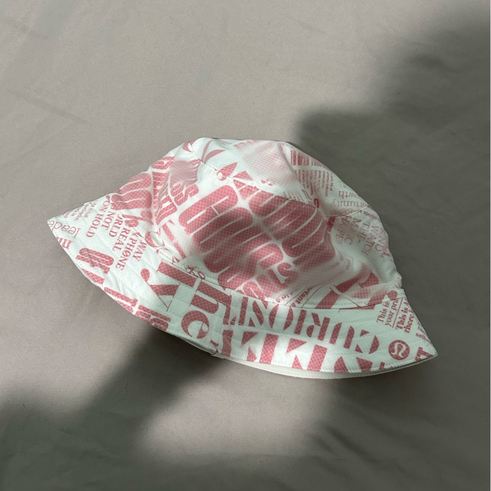 Pink and White Lululemon Text Print Bucket Hat